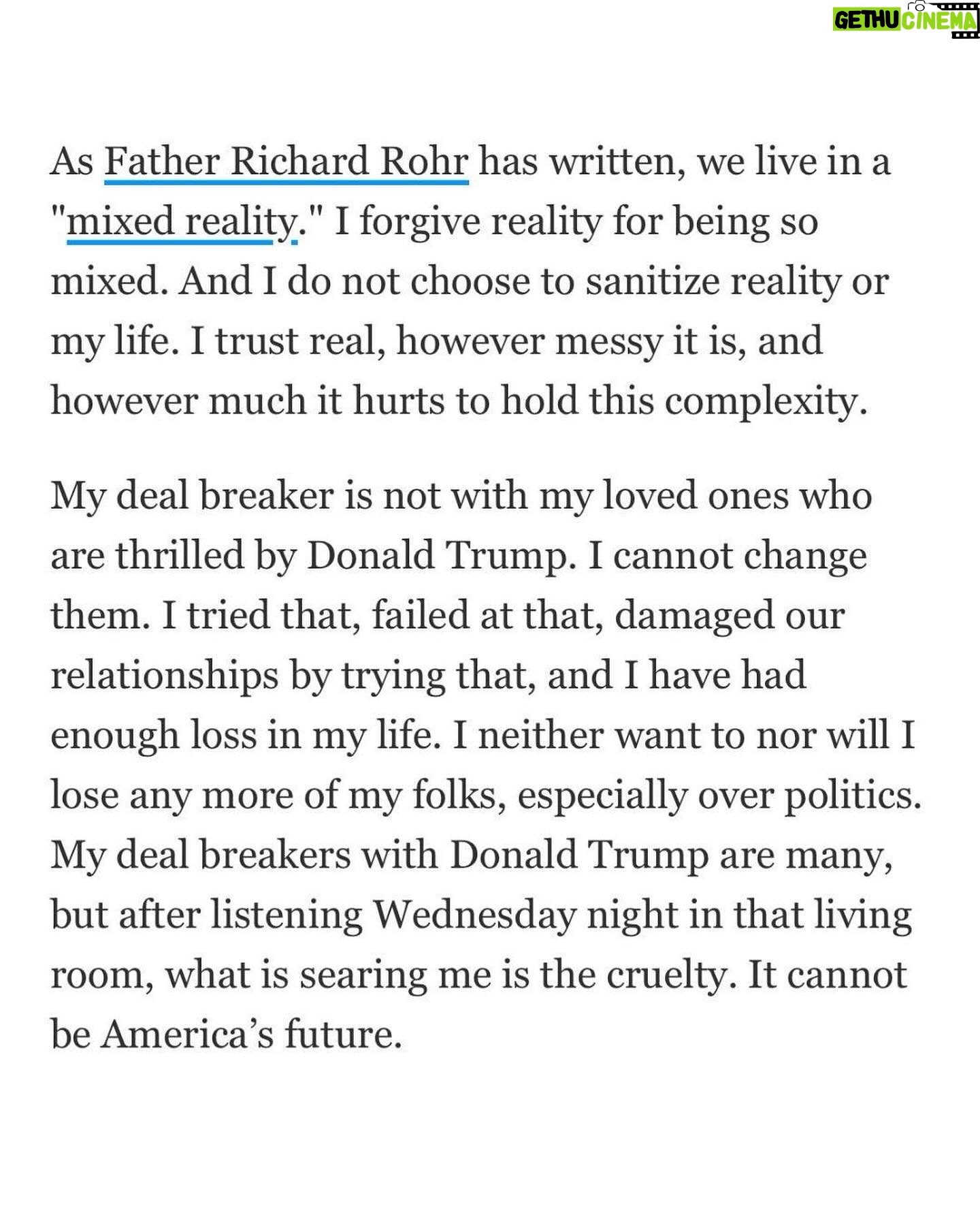 Ashley Judd - 9.6K Likes - Today I published an essay in @usatoday. I hope you might read the whole piece.
Yes, it is about what I believe is the deeply urgent imperative that a Democrat be voted into the office of President this November.
It is about how I respect and honor President Biden, a deeply decent man, and feel immense gratitude for all that has been gained. I particularly acknowledge his multi-decade commitment to ending male violence against women.
It is about how, at this infection point, I kindly and firmly invite him to voluntarily, gracefully step aside, creating space for a talented, robust Democrat to ensure the incalculable and unprecedented cruelty of a second Trump administration does not inflict harm upon millions of Americans, especially the more vulnerable among us.
And this essay is about more. I hope you will see that.
It is also about family, living in more rural places, and how we can, should and must stand up for what we believe in as individuals—and find a way, somehow, someway, to hold our dearest loved ones closer than we hold political beliefs.
Yes, I want to beat the other guy in November. And I also really want to beat my Pop at Canasta this evening after supper, sitting out on the back porch, with the lightening bugs’ magic and the song of the cicadas.
I fight for my beliefs. But I don’t fight with my family about politics. I love them too much to do that. With family, I am less invested in who is right and who is wrong. I am much more invested in what is true. Because family love is true.