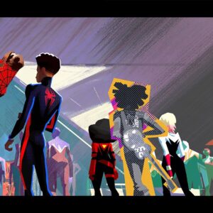 Aurélien Predal Instagram - Meet the Web-Slinger #acrossthespiderverse color key - Nueva York 2099 HQ triangle door.

With so many characters in the frame it’s always tricky to get a good hierarchy of the visual information. On that one I had to carefully balance the value composition to get a good read on Miles and the main characters without all the crowd distracting too much.

(For more Web-Slinger check out @mike.mccain.art ! ) 

#spidermanacrossthespiderverse #spiderversemovie #milesmorales #hoboebrown #spiderpunk #gwenstacy #nuevayork #websliger #jessicadrew