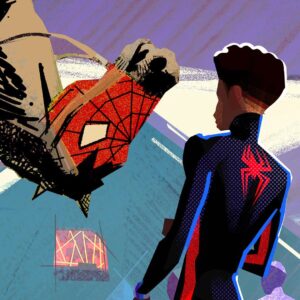 Aurélien Predal Instagram - Meet the Web-Slinger #acrossthespiderverse color key - Nueva York 2099 HQ triangle door.

With so many characters in the frame it’s always tricky to get a good hierarchy of the visual information. On that one I had to carefully balance the value composition to get a good read on Miles and the main characters without all the crowd distracting too much.

(For more Web-Slinger check out @mike.mccain.art ! ) 

#spidermanacrossthespiderverse #spiderversemovie #milesmorales #hoboebrown #spiderpunk #gwenstacy #nuevayork #websliger #jessicadrew