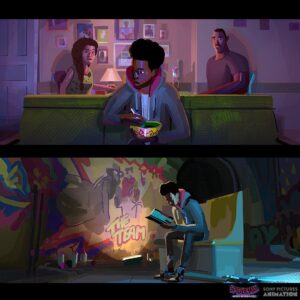 Aurélien Predal Instagram - #spidermanacrossthespiderverse 
More colorkeys for “My Name is Miles Morales” sequence. In the film those shots are mixed very nicely with animated drawings from Miles’ sketchbook - check out @diegopolieri ‘s work, who supervised those animations!

The Van Removal image was a bit tricky initially to get a clear instant read on Miles and Aunt May. But production designer @okeefe_artist ‘s trick of creating cast shadows pointing directly toward the characters definitely helped! (Even added an arrow in the van graphic to lead the eye toward the characters)

The most challenging image was probably Miles with his growing moustache… tough to make a black moustache read over the black suit..! X D

#spiververse #spiderman #spiderversemovie #animationart #vizdev #milesmorales #removal #sonyanimation