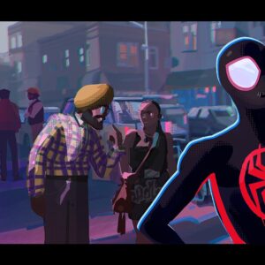 Aurélien Predal Instagram - #spidermanacrossthespiderverse 
More colorkeys for “My Name is Miles Morales” sequence. In the film those shots are mixed very nicely with animated drawings from Miles’ sketchbook - check out @diegopolieri ‘s work, who supervised those animations!

The Van Removal image was a bit tricky initially to get a clear instant read on Miles and Aunt May. But production designer @okeefe_artist ‘s trick of creating cast shadows pointing directly toward the characters definitely helped! (Even added an arrow in the van graphic to lead the eye toward the characters)

The most challenging image was probably Miles with his growing moustache… tough to make a black moustache read over the black suit..! X D

#spiververse #spiderman #spiderversemovie #animationart #vizdev #milesmorales #removal #sonyanimation