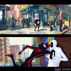 Aurélien Predal Instagram - #spidermanacrossthespiderverse 
“My Name is Miles Morales” sequence color keys. It was a very fun sequence to work on - a bit more realistic that what I’m used to paint, with mostly coloured grey and muted colours for the fight with spot images. 

The first image, outside the shop, is heavily based on @tlamdoods ‘ amazing design painting of that set, here the light is just slightly different.

(Only realising now that apparently I forgot to paint some of Spot’s spots on the second image… 😅)

#spiderversemovie #spiderverse #milesmorales #spot #thespot #visdev #animationart #sonypicturesanimation