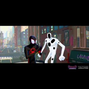 Aurélien Predal Instagram - #spidermanacrossthespiderverse 
“My Name is Miles Morales” sequence color keys. It was a very fun sequence to work on - a bit more realistic that what I’m used to paint, with mostly coloured grey and muted colours for the fight with spot images. 

The first image, outside the shop, is heavily based on @tlamdoods ‘ amazing design painting of that set, here the light is just slightly different.

(Only realising now that apparently I forgot to paint some of Spot’s spots on the second image… 😅)

#spiderversemovie #spiderverse #milesmorales #spot #thespot #visdev #animationart #sonypicturesanimation