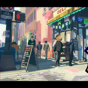 Aurélien Predal Instagram - #spidermanacrossthespiderverse 
“My Name is Miles Morales” sequence color keys. It was a very fun sequence to work on - a bit more realistic that what I’m used to paint, with mostly coloured grey and muted colours for the fight with spot images. 

The first image, outside the shop, is heavily based on @tlamdoods ‘ amazing design painting of that set, here the light is just slightly different.

(Only realising now that apparently I forgot to paint some of Spot’s spots on the second image… 😅)

#spiderversemovie #spiderverse #milesmorales #spot #thespot #visdev #animationart #sonypicturesanimation