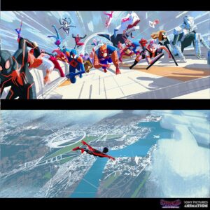 Aurélien Predal Instagram - #spidermanacrossthespiderverse - Last batch of colour keys from the ‘Vertical Train Sequence’ .

That shot with all the spider people was both super fun and challenging to paint: the layout I initially was given only had a generic Spider-Man model duplicated many times. The rough poses and placements were there, but they didn’t have any character specificity. 

I was later given a big pdf with designs (mostly done by @kristaferanka I think) of all the characters the directors wanted to cast in this scene. They were so many! The cool thing is that I could decide where to place each of them in the image in order to get - in my opinion - the best composition possible for that key. Then it was just about finding a way to keep all those character readable and paint it the most efficiently possible, as time was running. Quite glad there was the T-Rex in the cast! Can’t remember though if it’s still there in the final shots… 

(For the shot with Miles falling toward the city, I copy-paste pieces and painted on top of one of @macksztaba ‘s massive Nueva York design painting)

#spiderversemovie #spiderverse #spiderman #spidermantrex #trex #milesmorales #sonypicturesanimation