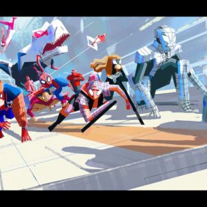 Aurélien Predal Instagram - #spidermanacrossthespiderverse - Last batch of colour keys from the ‘Vertical Train Sequence’ .

That shot with all the spider people was both super fun and challenging to paint: the layout I initially was given only had a generic Spider-Man model duplicated many times. The rough poses and placements were there, but they didn’t have any character specificity. 

I was later given a big pdf with designs (mostly done by @kristaferanka I think) of all the characters the directors wanted to cast in this scene. They were so many! The cool thing is that I could decide where to place each of them in the image in order to get - in my opinion - the best composition possible for that key. Then it was just about finding a way to keep all those character readable and paint it the most efficiently possible, as time was running. Quite glad there was the T-Rex in the cast! Can’t remember though if it’s still there in the final shots… 

(For the shot with Miles falling toward the city, I copy-paste pieces and painted on top of one of @macksztaba ‘s massive Nueva York design painting)

#spiderversemovie #spiderverse #spiderman #spidermantrex #trex #milesmorales #sonypicturesanimation
