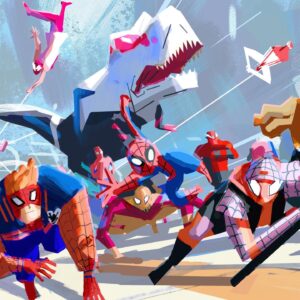 Aurélien Predal Instagram - #spidermanacrossthespiderverse - Last batch of colour keys from the ‘Vertical Train Sequence’ .

That shot with all the spider people was both super fun and challenging to paint: the layout I initially was given only had a generic Spider-Man model duplicated many times. The rough poses and placements were there, but they didn’t have any character specificity. 

I was later given a big pdf with designs (mostly done by @kristaferanka I think) of all the characters the directors wanted to cast in this scene. They were so many! The cool thing is that I could decide where to place each of them in the image in order to get - in my opinion - the best composition possible for that key. Then it was just about finding a way to keep all those character readable and paint it the most efficiently possible, as time was running. Quite glad there was the T-Rex in the cast! Can’t remember though if it’s still there in the final shots… 

(For the shot with Miles falling toward the city, I copy-paste pieces and painted on top of one of @macksztaba ‘s massive Nueva York design painting)

#spiderversemovie #spiderverse #spiderman #spidermantrex #trex #milesmorales #sonypicturesanimation