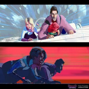 Aurélien Predal Instagram - #spidermanacrossthespiderverse color keys for the vertical train sequence - those shots were particularly great to test various lighting and graphic treatments as the surrounding billboards pass next to the characters. For those alt versions ´2001: A Space Odyssey’ was definitely a reference!

#spiderversemovie #spiderverse #gwen #gwenstacy #peterparker #sonyanimation #2001aspaceodyssey #animationart #vizdev