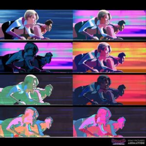 Aurélien Predal Instagram - #spidermanacrossthespiderverse color keys for the vertical train sequence - those shots were particularly great to test various lighting and graphic treatments as the surrounding billboards pass next to the characters. For those alt versions ´2001: A Space Odyssey’ was definitely a reference!

#spiderversemovie #spiderverse #gwen #gwenstacy #peterparker #sonyanimation #2001aspaceodyssey #animationart #vizdev
