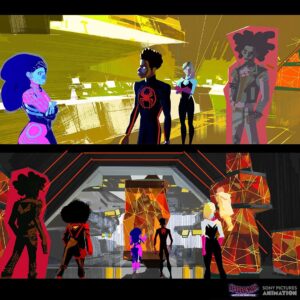 Aurélien Predal Instagram - Go-home room colorkeys for #acrossthespiderverse 

I tried various color light variants for this area, which was initially designed in blue tones (by @jaythakur ), taking as inspiration the 60’s Space 1099 comic book and retro SF illustration look. Was fun! It eventually went full circle, back to blue - which often happen as part of the creative process! 

#spiderverse #spiderversemovie #spiderverseacrossthespiderverse #milesmorales #hobiebrown #gwenstacy #margokess #spiderbyte #visdev #visdevart