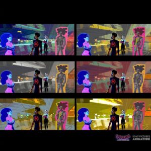 Aurélien Predal Instagram - Go-home room colorkeys for #acrossthespiderverse 

I tried various color light variants for this area, which was initially designed in blue tones (by @jaythakur ), taking as inspiration the 60’s Space 1099 comic book and retro SF illustration look. Was fun! It eventually went full circle, back to blue - which often happen as part of the creative process! 

#spiderverse #spiderversemovie #spiderverseacrossthespiderverse #milesmorales #hobiebrown #gwenstacy #margokess #spiderbyte #visdev #visdevart