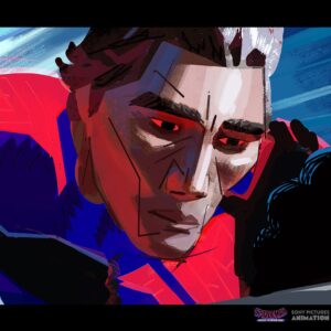 Aurélien Predal Instagram - More of Miguel VS Miles - Vertical Train sequence lighting keys for #spidermanacrossthespiderverse !

Most of the lighting keys are painted over the CG layout/previs shots so at that stage the characters are in temporary poses and have no expressions yet! By the time those shots got animated I already painted the sequence- Looking back at those I wish I had been more proactive and at least open Miguel's mouth to make the overall images less stiff looking! 😅

In those keys I also had to explore the look of the under-layers of Miguel' suit when it gets damaged. We eventually went for a webbing with kind of colourful old tv noise artefacts which works great in the final movie shots!

#spiderversemovie #spiderman2099 #acrossthespiderverse #miguelohara #milesmorales #visualdevelopment #animationart