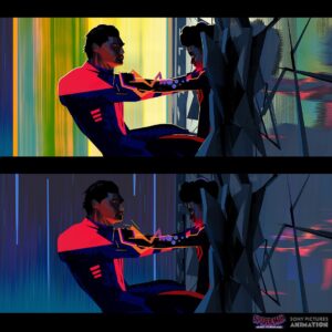 Aurélien Predal Instagram - Miguel VS Miles - Vertical Train sequence lighting keys for #spidermanacrossthespiderverse 
Swap to see the lighting variants keys for when the billboard screen pass around them, casting colorful light or cast shadows for a few frames.

When I started working on this sequence @wendelldalit already painted some amazing keys for the shots appearing in the first trailer. Those were a great guide in term of global mood and light direction for the painting of the remaining keys of the sequences.

It was a lot of fun to play with the markers aesthetic and construction lines for the background of the 2099 world. In this sequence I’ve also been given the task to explore the FX of Miguel’s energy suit for this fight against Miles.

#spiderversemovie #spiderman2099 #acrossthespiderverse #miguelohara #milesmorales #visualdevelopment #animationart