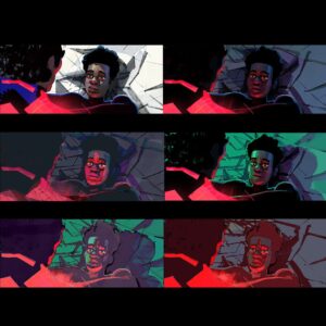 Aurélien Predal Instagram - Miguel VS Miles - Vertical Train sequence lighting keys for #spidermanacrossthespiderverse 
Swap to see the lighting variants keys for when the billboard screen pass around them, casting colorful light or cast shadows for a few frames.

When I started working on this sequence @wendelldalit already painted some amazing keys for the shots appearing in the first trailer. Those were a great guide in term of global mood and light direction for the painting of the remaining keys of the sequences.

It was a lot of fun to play with the markers aesthetic and construction lines for the background of the 2099 world. In this sequence I’ve also been given the task to explore the FX of Miguel’s energy suit for this fight against Miles.

#spiderversemovie #spiderman2099 #acrossthespiderverse #miguelohara #milesmorales #visualdevelopment #animationart