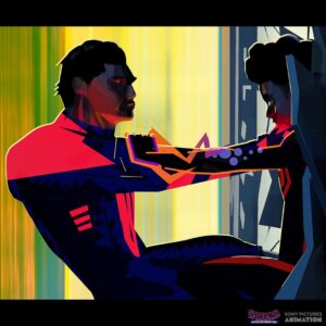Aurélien Predal Instagram - Miguel VS Miles - Vertical Train sequence lighting keys for #spidermanacrossthespiderverse 
Swap to see the lighting variants keys for when the billboard screen pass around them, casting colorful light or cast shadows for a few frames.

When I started working on this sequence @wendelldalit already painted some amazing keys for the shots appearing in the first trailer. Those were a great guide in term of global mood and light direction for the painting of the remaining keys of the sequences.

It was a lot of fun to play with the markers aesthetic and construction lines for the background of the 2099 world. In this sequence I’ve also been given the task to explore the FX of Miguel’s energy suit for this fight against Miles.

#spiderversemovie #spiderman2099 #acrossthespiderverse #miguelohara #milesmorales #visualdevelopment #animationart