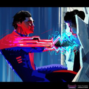 Aurélien Predal Instagram - Miguel VS Miles - Vertical Train sequence lighting keys for #spidermanacrossthespiderverse 
Swap to see the lighting variants keys for when the billboard screen pass around them, casting colorful light or cast shadows for a few frames.

When I started working on this sequence @wendelldalit already painted some amazing keys for the shots appearing in the first trailer. Those were a great guide in term of global mood and light direction for the painting of the remaining keys of the sequences.

It was a lot of fun to play with the markers aesthetic and construction lines for the background of the 2099 world. In this sequence I’ve also been given the task to explore the FX of Miguel’s energy suit for this fight against Miles.

#spiderversemovie #spiderman2099 #acrossthespiderverse #miguelohara #milesmorales #visualdevelopment #animationart