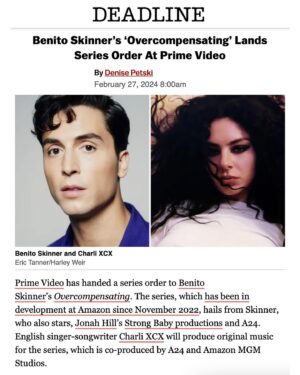 Benito Skinner Instagram - AHHHHHH!!!!!!!! I can’t believe this is finally real 🥹🥹 wrote this pilot 4 years ago and it found the perfect home and the perfect team @primevideo @a24 @charli_xcx @strongbaby Hope I make you proud! Mom and dad… I’m officially going back to college!!!!