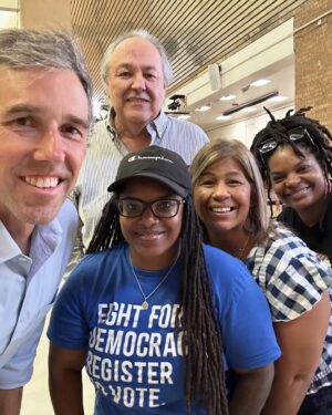 Beto O'Rourke Instagram - Part of our voter registration team in El Paso — Valerie, Veronica, George, Monica and Beto — adding new Democratic voters to the rolls on campuses across town and staying in touch with them through election day. 

We’ve got open volunteer positions in El Paso, Austin, Houston, Fort Worth, the RGV, San Antonio, Dallas, Amarillo, San Angelo, Tyler and many other spots across Texas. We’d love to have you on the team. 

Link’s in bio.