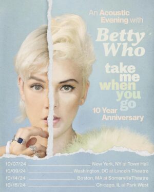Betty Who Instagram - can’t wait to celebrate the album that started it all 😭 ten years!! 10 YEARS!!!! insane. playing a few acoustic shows in the cities where it first began. i wanna carry you away after endless ballroom dreams!!!!! 🍾🤩🎂

for first access to presale tickets, sign up at the link in my bio to get a super secret password 🤫 pre-sale starts on Wednesday 8/7 at 11am est, public on sale Friday 8/9 at 10am local.