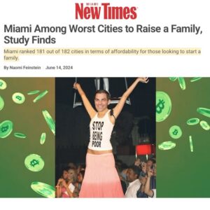 Billy Corben Instagram - According to a new study, Miami is among the worst U.S. cities to bring up a family, ranking 156 out of 182. #BecauseMiami 

WalletHub rated cities using 40 key metrics across five categories: “family fun,” “health and safety,” “education and child care,” “affordability,” and “socioeconomics.”

Out of the 182 cities, Miami ranks at 181 for affordability and 161 for socioeconomics.

But we are not alone among South Florida cities at the bottom of the list: Fort Lauderdale ranked 161 and Hialeah at 168.

“Fremont, California topped the overall rankings with Overland Park, Kansas, and Irvine, California rounding out the top three for best cities to raise the fam. Pembroke Pines is Florida’s highest ranked city at 40 on the list, with Tampa and Orlando not far behind,” according to Miami New Times.

Pero ¡Tranquilo, bro! Miami Mayor Ponzi Postalita (aka Francis Suarez) has a plan: STOP BEING POOR!