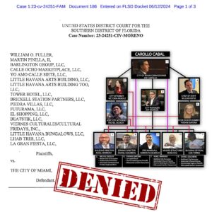 Billy Corben Instagram - #BREAKING: Miami Mafia FAILS to get all counts dismissed in new federal lawsuit that could bankrupt the city — filed by Little Havana businessmen and Ball & Chain owners who already won $63.5 million corruption judgment against Commissioner Joe Carollo last year. #BecauseMiami

U.S. Judge Federico Moreno has ordered at least 9 counts to move forward — including the Civil Conspiracy Claim Against Defendant City of Miami (aka “The Vile Little Plan”) that alleges the city government behaved like a criminal racketeering organization, weaponizing city agencies to violate constitutional rights of free speech and private property for political revenge.

Moreno says plaintiffs “satisfy the pleading requirement” to move ahead with their claim that government officials — including Carollo, city manager Art Noriega, disgraced fired city attorney “Tricky” Vicky Mendez, assistant city attorney Rachel Dooley, then building director “Ace” Marrero (promoted this year to assistant city manager of infrastructure), chief of unsafe structures Rene Diaz, fire marshal Adrian Plasencia, zoning director Daniel Goldberg, and Carollo’s chief of staff William Ortiz — “agreed to participate in the Civil Conspiracy” against the beloved Calle Ocho property owners and destroy their businesses in retaliation for their support of Carollo’s opponent in the 2017 commission election.

This is the case in which Miami taxpayers are paying 23 (!!!) outside attorneys to defend the city and 11 individual officials. Gotta pay the corruption tax! 

Judge Moreno has yet to file orders on the additional 127 counts in the complaint. @iamchristineking