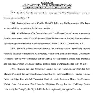 Billy Corben Instagram - #BREAKING: Miami Mafia FAILS to get all counts dismissed in new federal lawsuit that could bankrupt the city — filed by Little Havana businessmen and Ball & Chain owners who already won $63.5 million corruption judgment against Commissioner Joe Carollo last year. #BecauseMiami

U.S. Judge Federico Moreno has ordered at least 9 counts to move forward — including the Civil Conspiracy Claim Against Defendant City of Miami (aka “The Vile Little Plan”) that alleges the city government behaved like a criminal racketeering organization, weaponizing city agencies to violate constitutional rights of free speech and private property for political revenge.

Moreno says plaintiffs “satisfy the pleading requirement” to move ahead with their claim that government officials — including Carollo, city manager Art Noriega, disgraced fired city attorney “Tricky” Vicky Mendez, assistant city attorney Rachel Dooley, then building director “Ace” Marrero (promoted this year to assistant city manager of infrastructure), chief of unsafe structures Rene Diaz, fire marshal Adrian Plasencia, zoning director Daniel Goldberg, and Carollo’s chief of staff William Ortiz — “agreed to participate in the Civil Conspiracy” against the beloved Calle Ocho property owners and destroy their businesses in retaliation for their support of Carollo’s opponent in the 2017 commission election.

This is the case in which Miami taxpayers are paying 23 (!!!) outside attorneys to defend the city and 11 individual officials. Gotta pay the corruption tax! 

Judge Moreno has yet to file orders on the additional 127 counts in the complaint. @iamchristineking
