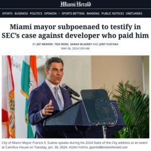 Billy Corben Instagram - New documents reveal Miami Mayor Ponzi Postalita Francis Suarez was secretly paid at least $200,000 — more than previously known — to exploit his public office for private profit by scandal plagued developer Rishi Kapoor, and the mayor was recently subpoenaed by the SEC in fraud case against Kapoor #BecauseMiami

The secret $10,000 a month gig is just one of 15  side hustles, riddled with conflicts of interest, for the part-time mayor who gets $130,000 from the city — plus $1 million in security theater that takes police off the street to attend parties and fundraisers.

Suarez’s net worth exploded from NEGATIVE $100,000 when elected city commissioner in 2009 to $4 million today. Since elected mayor in 2017, he has QUINTUPLED his wealth — DOUBLING it each year for the last two years.

Last year, Kapoor’s world crumbled into foreclosures, fraud allegations, and investigations by the FBI, SEC and IRS. His shady dealings are connected to at least three local mayors: Suarez, @MayorVinceLago of Coral Gables, and @MayorBovo of Hialeah.

Miami Herald: Kapoor hired Suarez in July 2021 to help push legislation beneficial to a $70 million Coconut Grove project. The next month, the two had a secret meeting at the Cocoplum Yacht Club on Kapoor’s yacht “in which Suarez spent two hours with Kapoor in what appears to be his mayoral capacity at a time he was also on the developer’s payroll... The details of Suarez’s contract, and in particular its start date, are more broadly relevant as Miami-Dade County ethics officials, state prosecutors and federal authorities, including the FBI, investigate whether the mayor misused his public office for private gain.”

According to records, Kapoor met with Suarez and city manager @artnoriega to discuss a zoning hurdle that, without a waiver, would have required an expensive redesign. Later, with the help of the mayor’s office, Miami Zoning Director Daniel Goldberg changed his position on the matter, saving Kapoor millions of dollars.