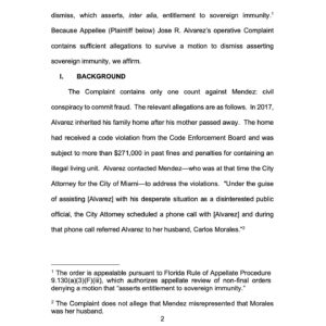 Billy Corben Instagram - #BREAKING: Florida Appeals Court DENIES disgraced fired Miami city attorney/mob lawyer “Tricky” Vicky Mendez’s motion to dismiss fraud case against her for allegedly exploiting her public position to help her husband’s house flipping hustle that reportedly preys on sick elderly homeowners to force them out of their homes, purchase them below market value (in some cases before they’re ever listed publicly), and then sell for huge profits (sometimes within days) #BecauseMiami

The Third District Court of Appeal agreed with the lower court that the plaintiff Jose R. Alvarez’s “Complaint contains sufficient allegations to survive a motion to dismiss asserting sovereign immunity.” 

The Complaint specifically alleges that “Mendez acted in bad faith, with malicious purpose, and in willful disregard to [Alvarez’s] property rights when she made this referral with intent to personally profit, through her husband’s company, from the sale of [Alvarez’s dead mother’s] home.”

“The Complaint does more than merely copy and paste language from the statute. It contains factual allegations that Mendez was involved in a conspiracy with her husband to defraud Alvarez...”

“Because the Complaint sufficiently alleges that Mendez acted in bad faith or with malicious purpose or in a manner exhibiting wanton and willful disregard of Alvarez’s property, we affirm the trial court’s order denying Mendez’s motion to dismiss.”
