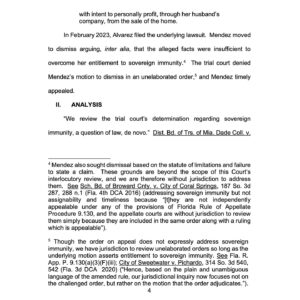 Billy Corben Instagram - #BREAKING: Florida Appeals Court DENIES disgraced fired Miami city attorney/mob lawyer “Tricky” Vicky Mendez’s motion to dismiss fraud case against her for allegedly exploiting her public position to help her husband’s house flipping hustle that reportedly preys on sick elderly homeowners to force them out of their homes, purchase them below market value (in some cases before they’re ever listed publicly), and then sell for huge profits (sometimes within days) #BecauseMiami

The Third District Court of Appeal agreed with the lower court that the plaintiff Jose R. Alvarez’s “Complaint contains sufficient allegations to survive a motion to dismiss asserting sovereign immunity.” 

The Complaint specifically alleges that “Mendez acted in bad faith, with malicious purpose, and in willful disregard to [Alvarez’s] property rights when she made this referral with intent to personally profit, through her husband’s company, from the sale of [Alvarez’s dead mother’s] home.”

“The Complaint does more than merely copy and paste language from the statute. It contains factual allegations that Mendez was involved in a conspiracy with her husband to defraud Alvarez...”

“Because the Complaint sufficiently alleges that Mendez acted in bad faith or with malicious purpose or in a manner exhibiting wanton and willful disregard of Alvarez’s property, we affirm the trial court’s order denying Mendez’s motion to dismiss.”