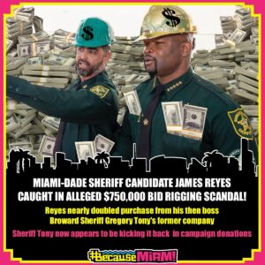 Billy Corben Instagram - According to Florida Bulldog, a few months after Tony promoted Reyes to colonel in 2019, Reyes greenlit the “purchase of ‘Stop the Bleed’ stations and bleeding control kits from North American Rescue, a company where Tony previously worked and later peddled its products out of his own company.”

North American got a $392,386 contract that mysteriously became $500,000 and then Reyes got a memo requesting his approval “in the amount of $750,000. Reyes approved the deal the next day, apparently no questions asked about how a $392,386 purchase had swelled so much.”

In June 2022, Miami FBI chief and Tony pal George Piro was forced to retire after a complaint alleged he helped cover up the bid rigging scandal by improperly transferring the criminal investigation out of state to South Carolina. “The case returned to Miami — but word later got out that the investigation had ended again, for reasons unknown.”

Reyes is the unqualified Miami-Dade sheriff’s candidate endorsed by Mayor Levine Cava, who desperately promoted him to county public safety chief in order to beef up his law enforcement credentials after her endorsed candidate, former Miami-Dade Police Director Freddy Ramirez shot his own eye out while attempting to commit suicide during an argument with his wife last year.

Tony donated $50,000 from his political committee to Reyes’ political committee, “the largest received by Reyes tied with another $50,000 from Miami-Dade Mayor Daniella Levine-Cava’s PAC.”

Tony’s wealthy donors, including convicted felon and Broward Sheriff’s Advisory Council member Lewis Stahl have “kicked in an additional $69,000. Plus contributions of more than $11,000 from BSO brass have pushed the total from Tony’s associates to more than $129,000 – over 25% of the Reyes PAC’s entire reported haul to date of $504,000.”

Tony “awaits a final determination from Florida’s Criminal Justice Standards and Training Commission on whether to revoke his license to be a cop for lying and yet another hearing before an administrative judge in Tallahassee.”