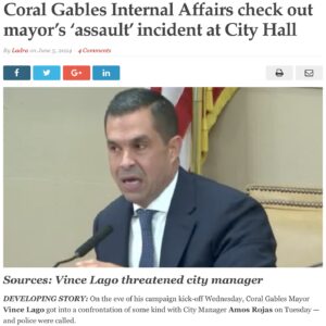 Billy Corben Instagram - #BREAKING: Police were called after Miami-Dade’s second greasiest mayor, Coral Gables’ real estate huckster and corrupt bully Vince Lago reportedly got into a confrontation with City Manager Amos Rojas at city hall on Tuesday.

Via Political Cortadito: “According to several sources, @mayorvincelago and Rojas were at a meeting at City Hall when there was an exchange of words, and the mayor suddenly pulled off his jacket, threw it on the floor, rolled up his sleeves and, apparently, got into a fighting stance. Rojas felt threatened enough to call police.”

Rojas, who previously served as the U.S. Marshal for the Southern District of Florida, was appointed @cityofcoralgables manager by a 3-2 vote in February by Lago’s political enemies on the commission who removed the previous manager.

Lago’s attorney is Ben Kuehne — who has billed Miami taxpayers and the city’s insurance company millions of dollars for his failed defense of corrupt commissioner Joe Carollo and is also representing disgraced ex Miami Commissioner Alex Díaz de la Portilla arrested for bribery and money laundering — says “The report is completely and maliciously false. Mayor Lago categorically refutes any allegation regarding an altercation at City Hall.”

@coralgablespd Chief Ed Hudak: “The Coral Gables Internal Affairs Section was directed to preliminarily document the incident. As is our protocol, our Internal Affairs Section will work as the point of contact in collaboration with outside agencies who will conduct any further investigations. This is an open and active investigation by the Department’s Internal Affairs Section. No further comments will be made until the conclusion of the investigation by this office, or other investigative agencies, at this time.”