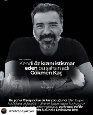 Binnaz Avcı Instagram - Posted @withregram • @izzetcapayaziyor Bu nasıl baba…
Alçağa bak alçağa…
Bursa’da 15 yaşındaki kızına arabada cinsel istismarda bulunurken suçüstü yakalan Gökmen K. tutuklandı…
Kızın ifadesi şöyle…
‘Babam, ‘Ben başka kadına gideceğim’ diyerek bana baskı yapıyordu…
Ailemin dağılmasından korktuğum için oral yol ile ilişki teklifini kabul ettim…
Daha önceden beni otomobille boş tarlaya getiriyordu. Sonunda yakalandık…’
Ne diyeyim Allah belanı versin…