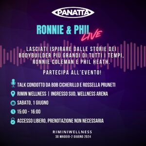 Bob Cicherillo Instagram - RONNIE&PHIL LIVE 
Phil Heath e Ronnie Coleman non sono solo atleti straordinari, ma anche fonti di ispirazione per milioni di persone in tutto il mondo. Ascoltare le loro storie, porre loro domande dirette e ricevere consigli è un’opportunità che non potrai perdere!
Ti aspettiamo sabato 1 giugno dalle 15.00 alle 16.00!  Non mancare!

📍 RiminiWellness Ingresso Sud, Wellness Arena
📆 Sabato 1 giugno dalle 15:00 alle 16:00 
🔓 Accesso Libero | Prenotazione non richiesta

Presentatore @ifbbprobobchick “The Voice of Bodybuilding”
Traduzione simultanea by @rossellapruneti

#panattapassion #rw24 #riminiwellness #ronniecoleman #philheath #mrolympia #bobchicherillo #bodybuilding #motivation #bodybuildingpassion #yeahbuddy
