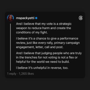 Brittany Packnett Instagram - this I believe, #election edition.

late post but relevant: many things are true this election. and plenty of people are telling you what to do, say and believe. I promise to do my best to use I statements and be transparent when I use them. 

this is what I had the day I posted it, and what I still got today. 

98 days. Let’s go.