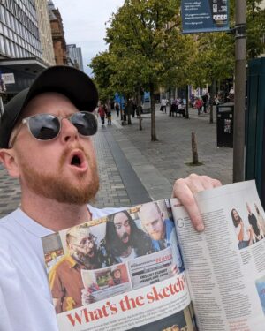 Broden Kelly Instagram - From 2014 to 2017 we did 4 tours of the Edinburgh Fringe. They were tough slogs. Lots of people liked the shows but others thought it was shit, loud, anti-comedy from the other side of the world. Both groups were correct. 

We struggled to sell tickets and were desperate to get reviews to try and sell tickets. However, more often than not  we were unsuccessful. 

Today we have a spread in the Scotsman so I've gone down to the town centre of Glasgow to yell things like 'eat shit you dogs' , 'we are kings', 'i told you dogs', 'how you like us now you dogs' etc etc