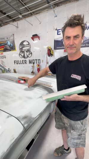 Bryan Fuller Instagram - Excuse the attire wasn’t really planning on making a video Saturday AM!  Here’s a window into how beautiful paint jobs are made.  Lots of sanding and attention to your craft is required for these jobs.  Being this car has been cut and welded  in so many pieces makes the process harder too.  Rewarding at the end though…really excited to starting final paint here before long.  #fullermoto #indasausa #evercoat #caffeineandoctane #satajet #sataspraygun #paintshop #bodyshop