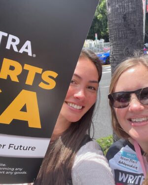 Caitlin McHugh Instagram - @sagaftra supports @wgawest !!! In past negotiations we have lost so much, and even more is on the line this time. I’m proud to stand with our writer community in their demands for living wages, protections against AI and everything else they ask for. Our union will be fighting for many of the same things imminently.  We are stronger together!