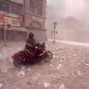 Carson Boatman Instagram - This is Tim Duffy. It was his day off on September 11, 2001. When he first heard about the attacks, he threw on his gear, hopped on his Motorcycle, and rode into lower Manhattan. Once on the scene he immediately rushed to give aid. Shortly after making his way into the south tower, it collapsed. He was buried under debris, but somehow was able to free himself. Once he’d dug himself out, even then, he was still thinking of others. He made his way back outside the building, commandeered a pick up truck, and made as many trips as he could back-and-forth from the building, saving as many people as he could who had also been injured and trapped from the terrorist attack. He retired due to health issues from breathing in the toxic dust and air, and now works at the organization he founded, helping first responders and veterans suffering from PTSD. 
•
•
Photo by Allen Tannenbaum