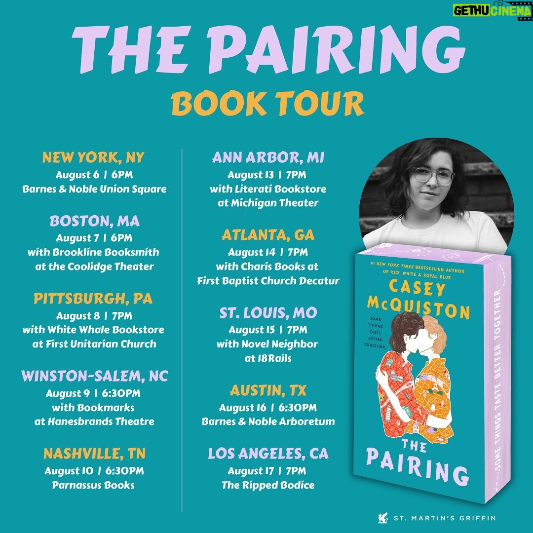 Casey McQuiston - 12.3K Likes - 🍊🥐🦪🍾✨THE PAIRING ON TOURRRR✨🥖🍕🫒🦀
delighted to be touring for my book about a food tour! i’ve had so many dreams for this, literally my first time touring an adult romance novel in the physical world in five entire years (!!!), and i cannot wait for all of you to join me in TEN cities across the US! all events are ticketed with a signed copy of THE PAIRING (and some additional surprises TBA). you can find individual event links in my stories/highlights!
some notes:
- i specifically asked to tour in cities/states i haven’t visited before, especially in the south and midwest, and i’m so excited to meet readers in those places for the first time!
- we are turning looks this tour so please begin moodboarding… more on that soon 😘
- if your city isn’t in this lineup, you might be pleasantly surprised later this year
- please reach out to your bookstore for any questions/issues with ticketing!
sluts forever xoxoxoxoxo