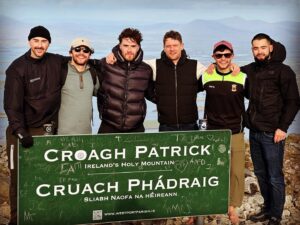 Ceallach Spellman Instagram - Special pilgrimage with some of the finest men I know 💚 

Humble brag, as a kid I always said I’d climb Croagh Patrick barefoot and I did 👣