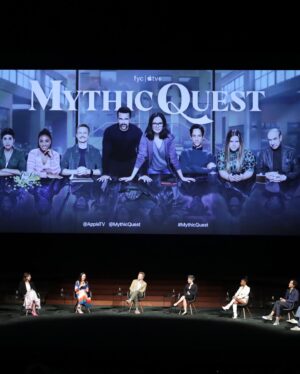 Charlotte Nicdao Instagram - Consider us!! I felt so lucky to get to talk about @mythicquest IN PERSON at @thefordla with my Questie Besties. And it was VERY fun to wear this WOW of a dress by @amurofficial - I adore the beautiful sustainable looks @lucywarrenstyle puts together for me and this one was a real banger. Now give us a trophy please.

Sustainable styles: @lucywarrenstyle Makeup: @danadelaney
Hair: @drtn