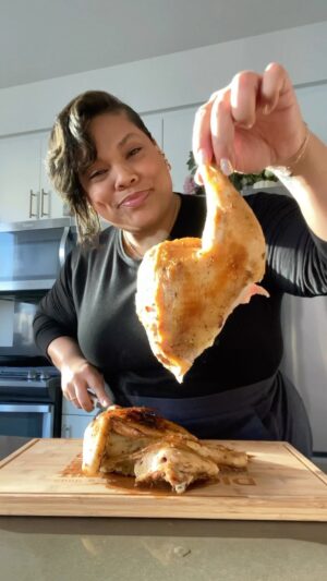 Chef Lovely Instagram - The spatchcocking technique is a 10/10! It delivers even cooking which gives you a juicy bird and very crispy skin 😋 If you give it a try, tag me cause you know I wanna see how y’all are getting down at home. Love you, my loves! Let’s Eat 😘