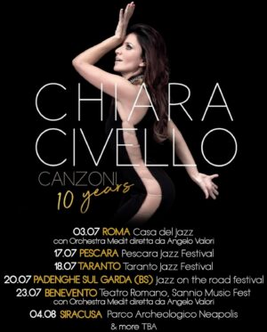 Chiara Civello Instagram - Eccomi qui, come promesso, con i primi appuntamenti estivi per festeggiare insieme i 10 anni del mio album Canzoni, dal vivo, con una strepitosa band e in alcune tappe anche l’orchestra ❤️!
Chi viene? 👉🏻☀️

Here I am , as promised with the first dates to celebrate together the 10 year anniversary of my album Canzoni, live with a fantastic band and in some places also the orchestra! Who’s coming? 👉🏻☀️

03.07 ROMA Casa del Jazz
con Orchestra Medit diretta da Angelo Valori
17.07 PESCARA Pescara Jazz Festival
18.07 TARANTO Taranto Jazz Festival
20.07 PADENGHE SUL GARDA (BS) Jazz on the road festival
23.07 BENEVENTO Teatro Romano, Sannio Music Fest con Orchestra Medit diretta da Angelo Valori
04.08 SIRACUSA Parco Archeologico Neapolis

#chiaracivello #beingchiara #canzoni10years @vertigomusicbooking_ @azzurraprimaveraphotographer