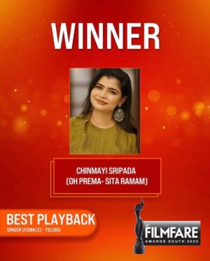 Chinmayi Instagram - Reallly happy to have won my 6th @filmfare award for Oh Prema from Sita Ramam - My first for Telugu. 

Thank you so much @filmfare 

This makes it my 6th Filmfare win :)

Grateful to @composer_vishal and @singersinduri for the opportunity; Director @hanurpudi garu and Vyjayanthi Movies @VyjayanthiFilms 

🙏❤️