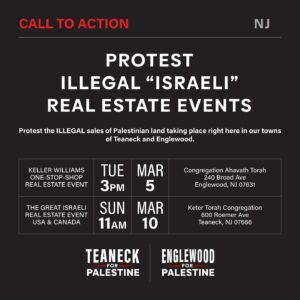 Chris Smalls Instagram - Protest the illegal sales of Palestinian land taking place right here in our towns of Teaneck and Englewood, New Jersey. “Israeli” companies are marketing illegal settlements in the West Bank of occupied Palestine exclusively to Zionists here in America. This is stolen land from which indigenous Palestinians have been violently expelled and is therefore in violation of both international and domestic laws. These “real estate” events are a regular occurrence here in North Jersey and we are demanding that no private/personal/public space in our towns be allowed to host any such events that are in clear violation of several laws and in support of an illegal occupation committing genocide. 
#landback
#freepalestine
#endtheoccupation🇵🇸
