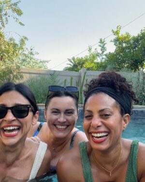 Christina Moses Instagram - impromptu photo shoot and a pool creeper. 🌴

aaand…we’re all wearing my new favorite lipstick..it’s very rare one color looks incredible on 3 different complexions.. @ritueldefille 💄🫦 #bloodroot my new fave. ❤️‍🔥