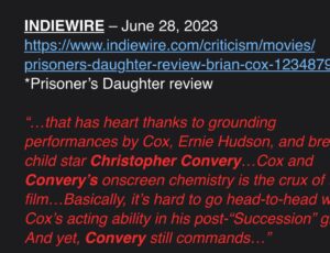 Christopher Convery Instagram - Thank you @indiewire for this amazing review so proud and honored to be working with this amazing Cast, Director, and writer!
Kate Beckinsale, Brian Cox, Tyson Ritter, Ernie Hudson  Our Incredible  writer , Mark Bacci and Phenomenal Director Catherine Hardwicke 
@catherinehardwicke @mark_bacci @coxusa @katebeckinsale @tysonritter @erniehudsonofficial #christopherconvery