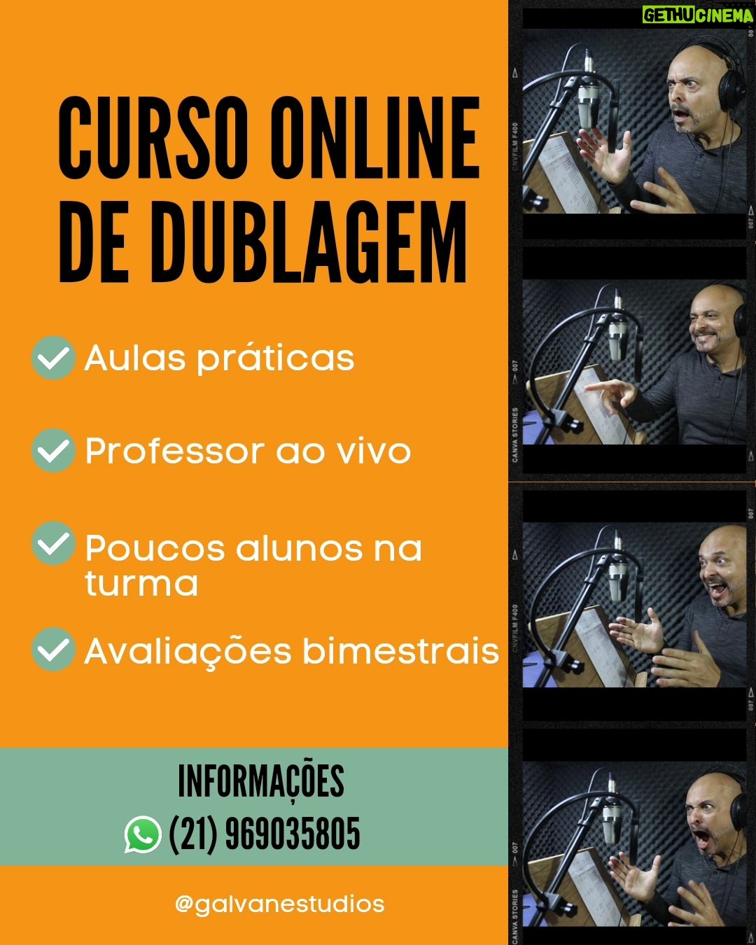 Claudio Galvan - 226 Likes - 🎙🎧🌟 CURSO REGULAR DE DUBLAGEM
Quer iniciar sua jornada para ser um dublador? A oportunidade está aqui!
Curso regular de dublagem online com cronograma, metodologia e supervisão de @claudiogalvan, um dos mais renomados profissionais do mercado!
O curso é online, porém com aulas totalmente práticas, professor ao vivo, poucos alunos na turma para melhor aproveitamento, avaliações e material complementar no ato da matrícula! 😍👏
Para informações é só entrar em contato através do 📲 WhatsApp (21) 969035805!
🎧🎙🎭🎥🎞