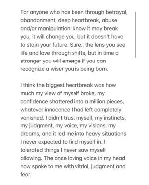 Courtney Hope Instagram - If you told me my life would look like this five, ten, twenty years ago, I wouldn’t have believed you… but man I wouldn’t change a thing🌻🧘🏼‍♀️🙏🏼

I was never going to say anything about the low moments of the last half decade of my life, mostly because I was just trying to keep my head above water and sometimes didn’t even know which way was up. But I’ve painfully seen many people have similar experiences: friends, friends of friends, and in the world at large (a gut wrenching and shocking amount quite frankly), so I decided to share a bit of what I’ve learned through my triumph over betrayal and deep heartache… in hopes that maybe my healing can comfort someone else along their journey.

It’s easy to want to hide and keep private about the less glamorous and out of body moments, but I have come to realize these experiences are many of the grains of sand that make up the beach in the masterful paradise that is my life. 

I thank God for where I am today 🥰 and those before me whose stories have guided my healing and hope 🫶🏼..