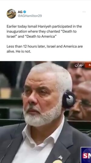 Dan Crenshaw Instagram - Terrorist leaders killed since 9/11:
❌ Osama Bin Laden
❌ Qasem Soleimani 
❌ Abu Bakr al-Baghdadi 
❌ Ayman al-Zawahiri 
❌ Ismail Haniyeh 
❌ Fuad Shukur

They hated the West. The U.S. and Israel are safer, and the world is a better place without them.